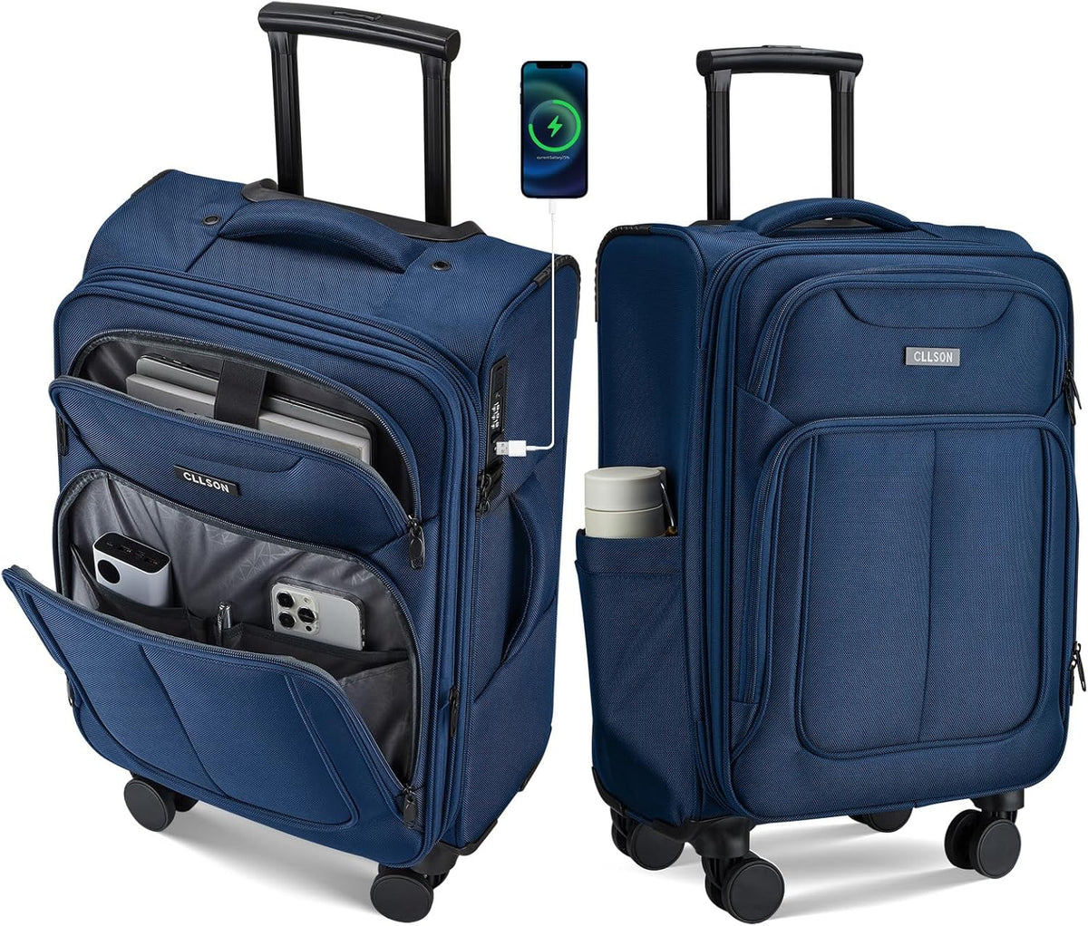 Softside Top Opening Carry On Luggage 22x14x9 Airline Approved, 20 Inch USB Port Suitcases with Spinner Wheels, Expandable luggage with TSA Lock for Women Men (Blue, 20 Inch)