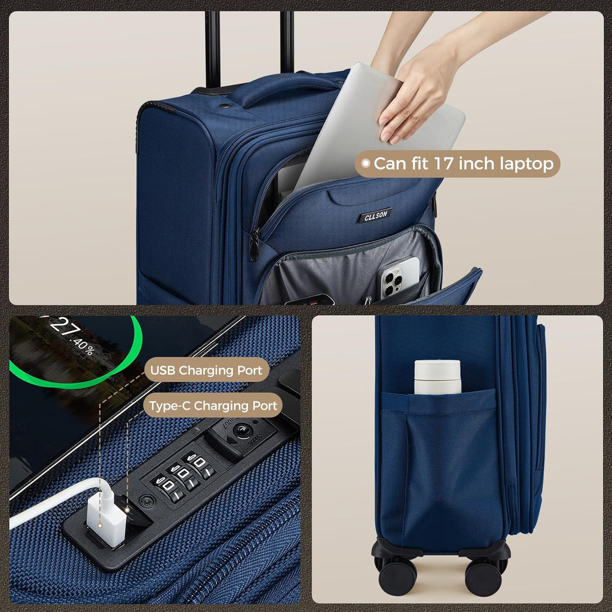 Softside Top Opening Carry On Luggage 22x14x9 Airline Approved, 20 Inch USB Port Suitcases with Spinner Wheels, Expandable luggage with TSA Lock for Women Men (Blue, 20 Inch)