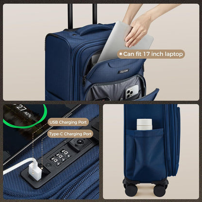 Softside Top Opening Carry On Luggage 22x14x9 Airline Approved, 20 Inch USB Port Suitcases with Spinner Wheels, Expandable luggage with TSA Lock for Women Men (Blue, 20 Inch)
