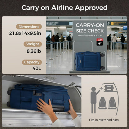 Softside Top Opening Carry On Luggage 22x14x9 Airline Approved, 20 Inch USB Port Suitcases with Spinner Wheels, Expandable luggage with TSA Lock for Women Men (Blue, 20 Inch)