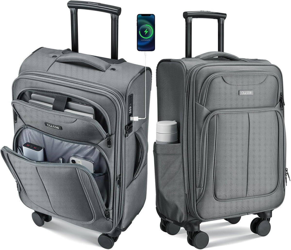 Softside Top Opening Carry On Luggage 22x14x9 Airline Approved, 20 Inch USB Port Suitcases with Spinner Wheels, Expandable luggage with TSA Lock for Women Men (Blue, 20 Inch)