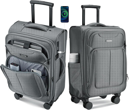 Softside Top Opening Carry On Luggage 22x14x9 Airline Approved, 20 Inch USB Port Suitcases with Spinner Wheels, Expandable luggage with TSA Lock for Women Men (Blue, 20 Inch)