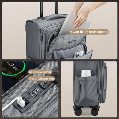 Softside Top Opening Carry On Luggage 22x14x9 Airline Approved, 20 Inch USB Port Suitcases with Spinner Wheels, Expandable luggage with TSA Lock for Women Men (Blue, 20 Inch)