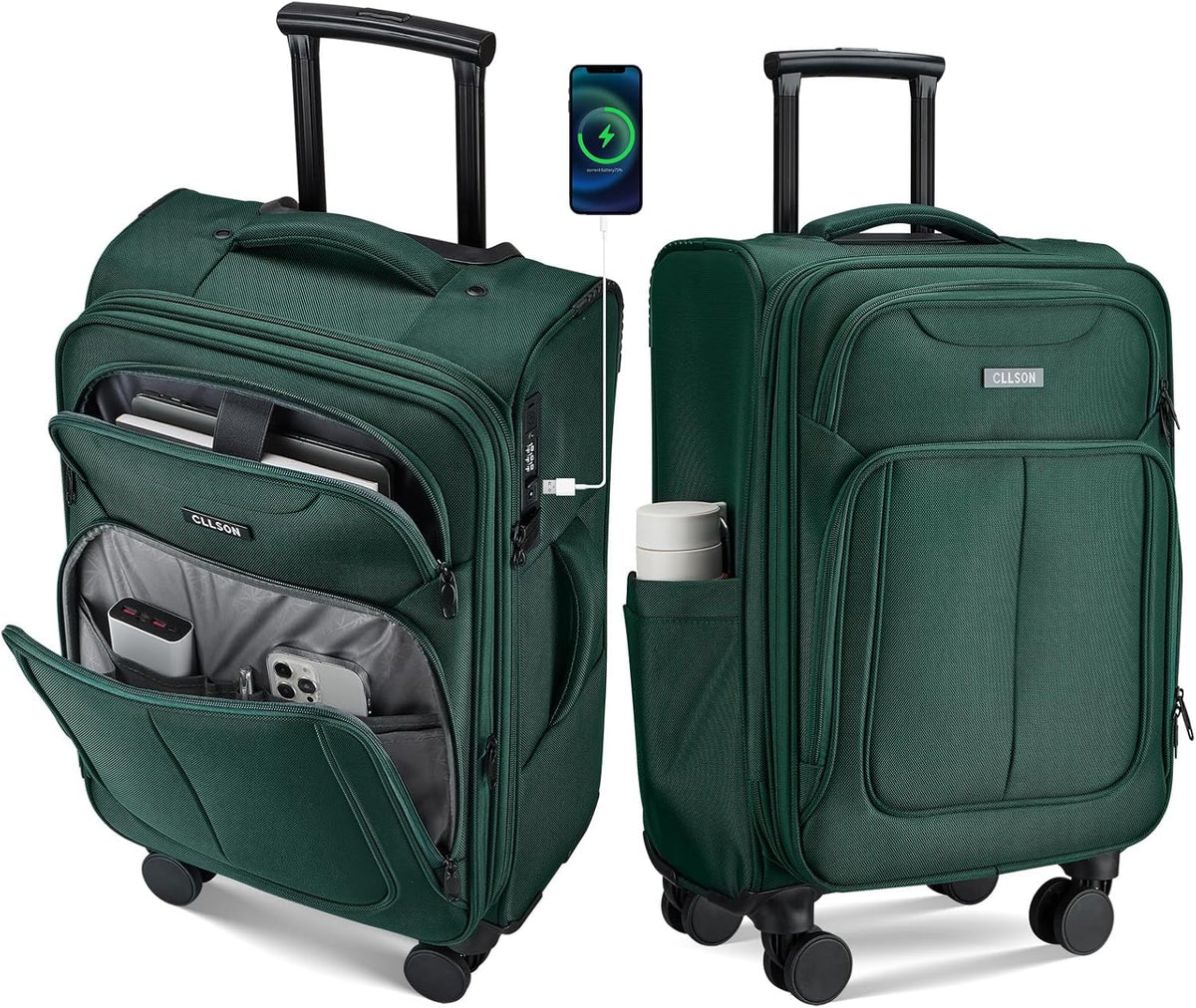 Softside Top Opening Carry On Luggage 22x14x9 Airline Approved, 20 Inch USB Port Suitcases with Spinner Wheels, Expandable luggage with TSA Lock for Women Men (Blue, 20 Inch)