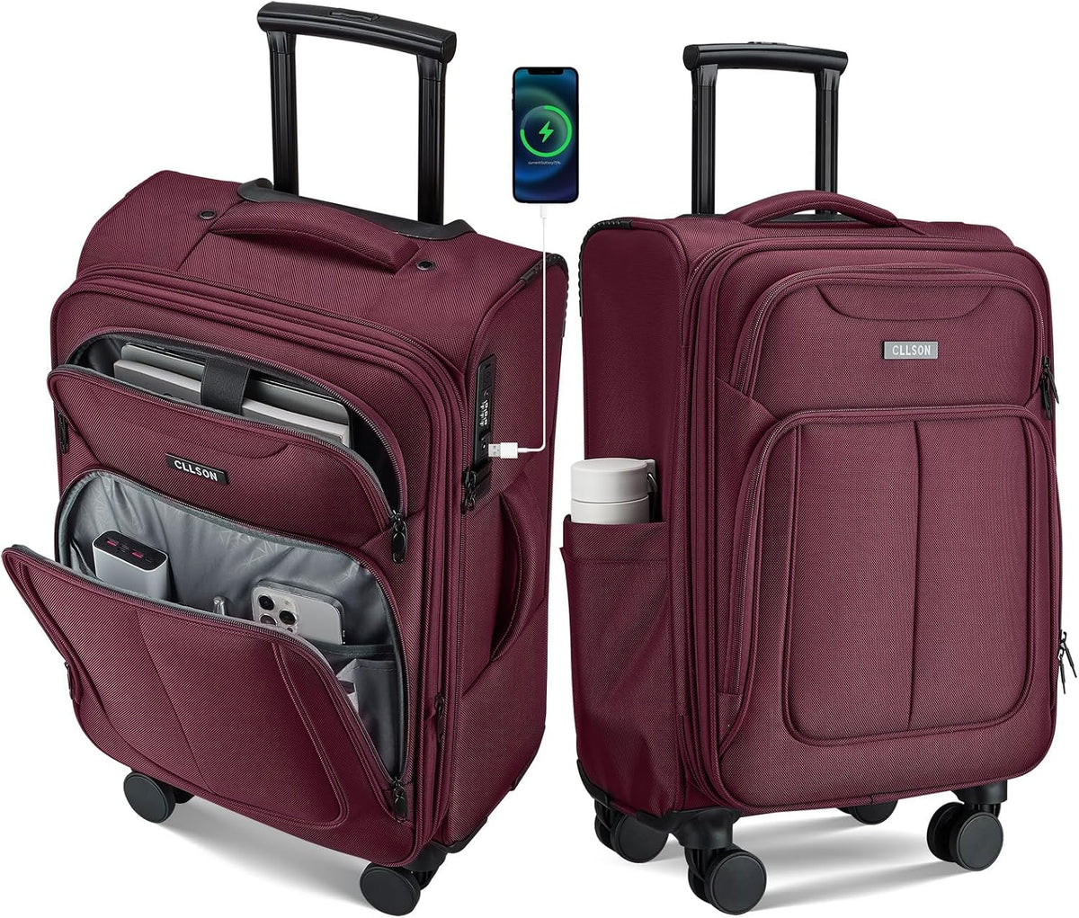 Softside Top Opening Carry On Luggage 22x14x9 Airline Approved, 20 Inch USB Port Suitcases with Spinner Wheels, Expandable luggage with TSA Lock for Women Men (Blue, 20 Inch)