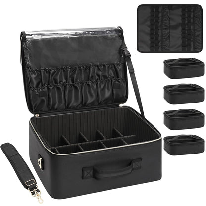 Extra Large Makeup Bag, Professional Makeup Train Case for Makeup Artists, Travel Cosmetic Organizer with 4 Small Portable Bags & Brush/Lipstick Plate, Adjustable Dividers and Shoulder Strap