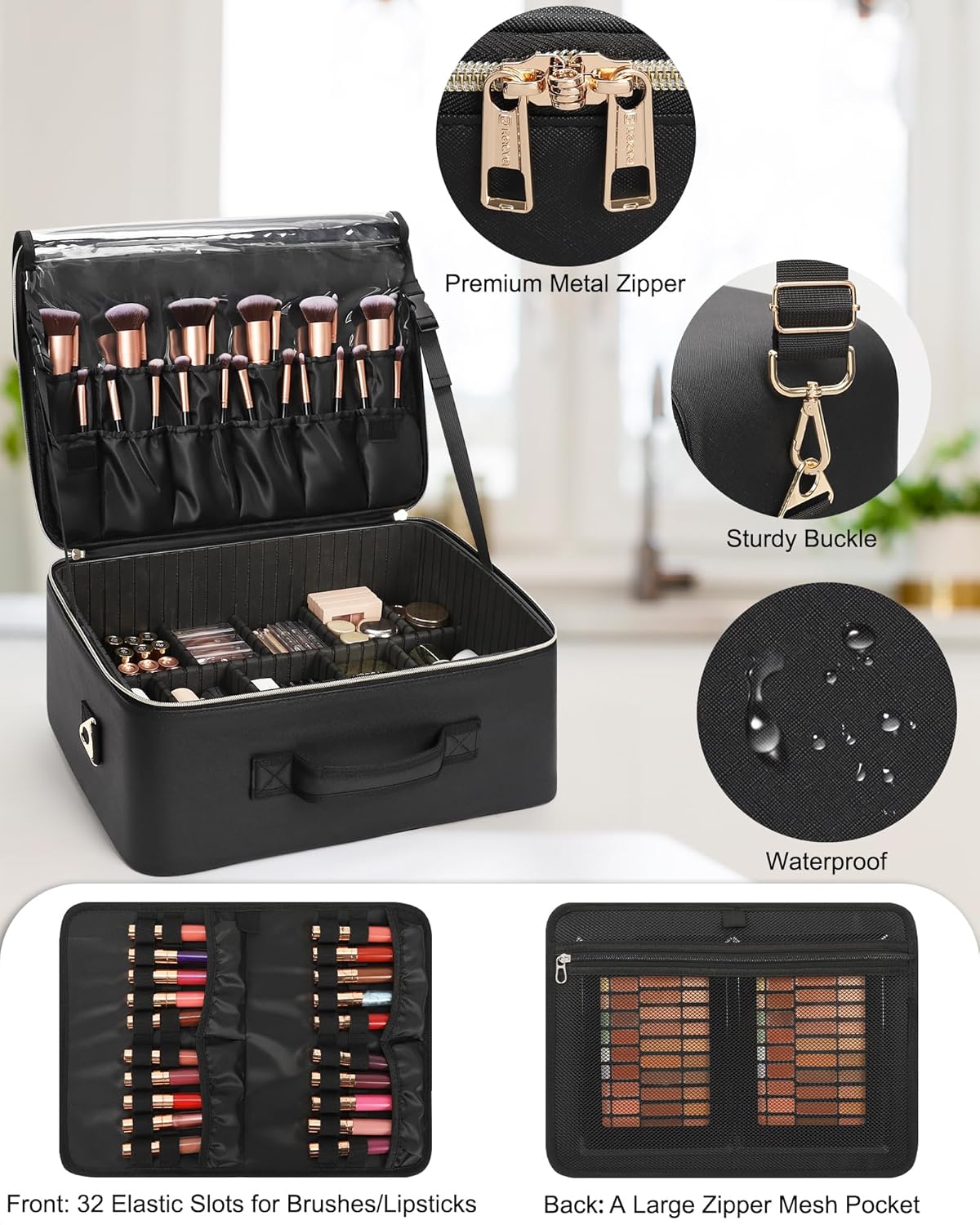 Extra Large Makeup Bag, Professional Makeup Train Case for Makeup Artists, Travel Cosmetic Organizer with 4 Small Portable Bags & Brush/Lipstick Plate, Adjustable Dividers and Shoulder Strap