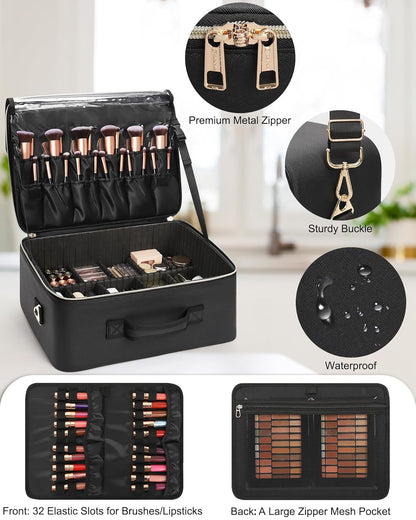 Extra Large Makeup Bag, Professional Makeup Train Case for Makeup Artists, Travel Cosmetic Organizer with 4 Small Portable Bags & Brush/Lipstick Plate, Adjustable Dividers and Shoulder Strap