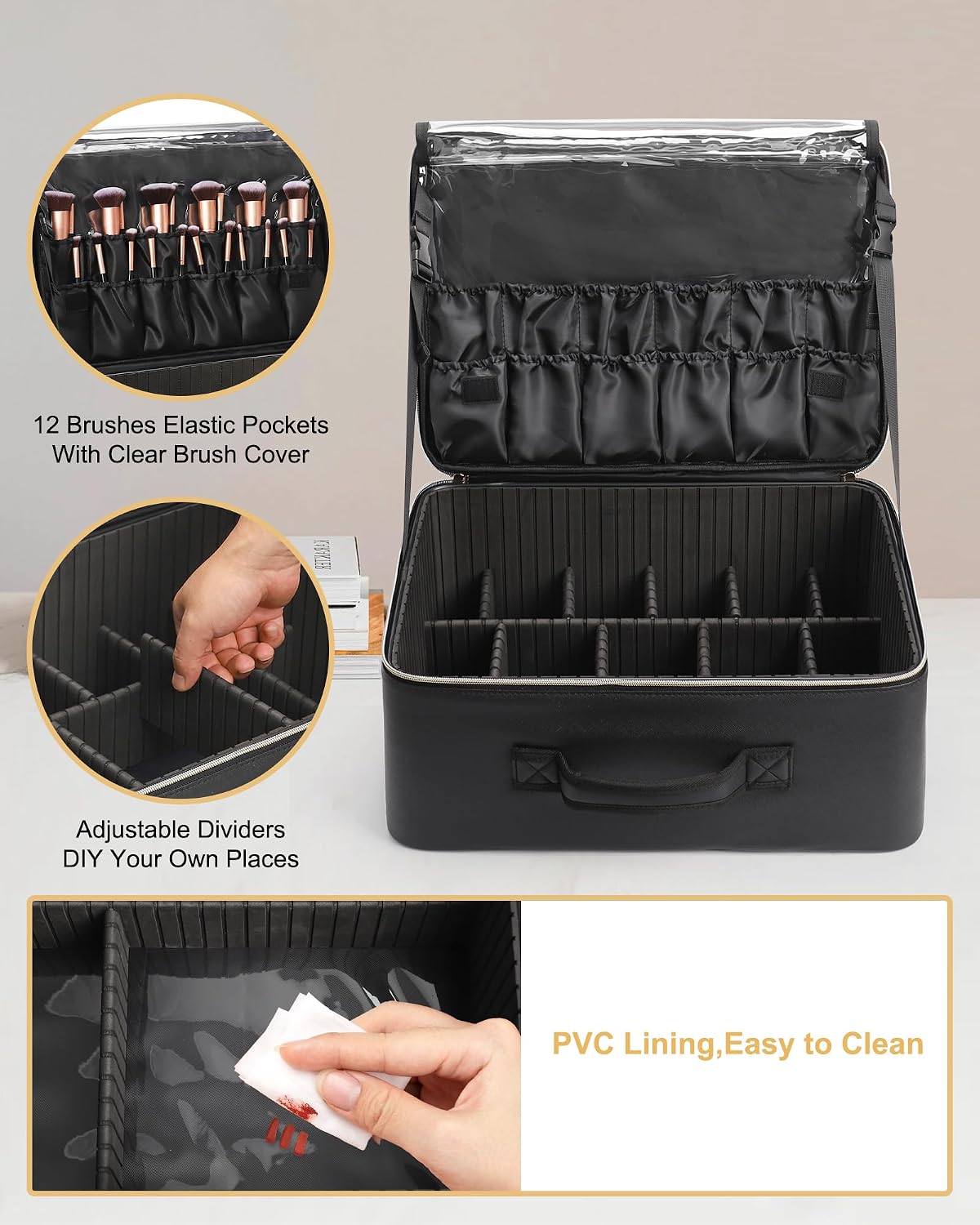 Extra Large Makeup Bag, Professional Makeup Train Case for Makeup Artists, Travel Cosmetic Organizer with 4 Small Portable Bags & Brush/Lipstick Plate, Adjustable Dividers and Shoulder Strap