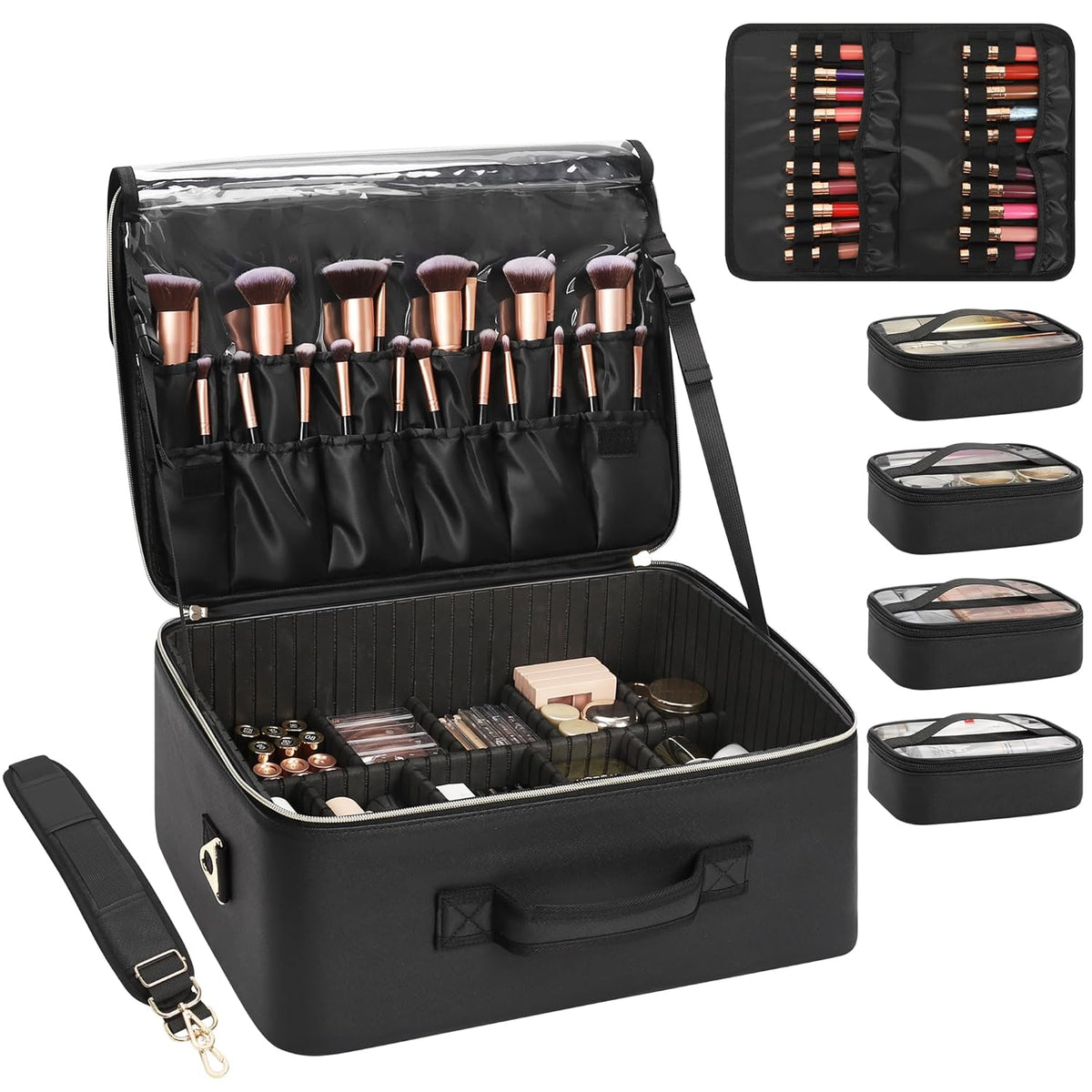 Extra Large Makeup Bag, Professional Makeup Train Case for Makeup Artists, Travel Cosmetic Organizer with 4 Small Portable Bags & Brush/Lipstick Plate, Adjustable Dividers and Shoulder Strap