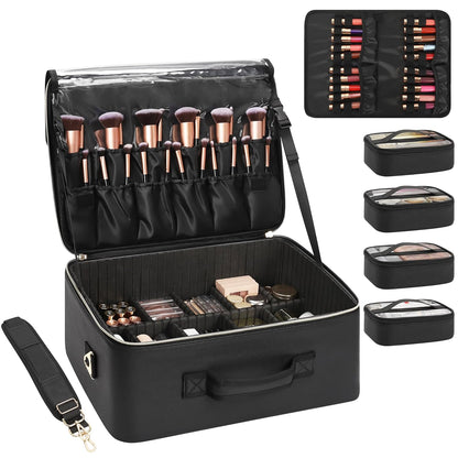 Extra Large Makeup Bag, Professional Makeup Train Case for Makeup Artists, Travel Cosmetic Organizer with 4 Small Portable Bags & Brush/Lipstick Plate, Adjustable Dividers and Shoulder Strap