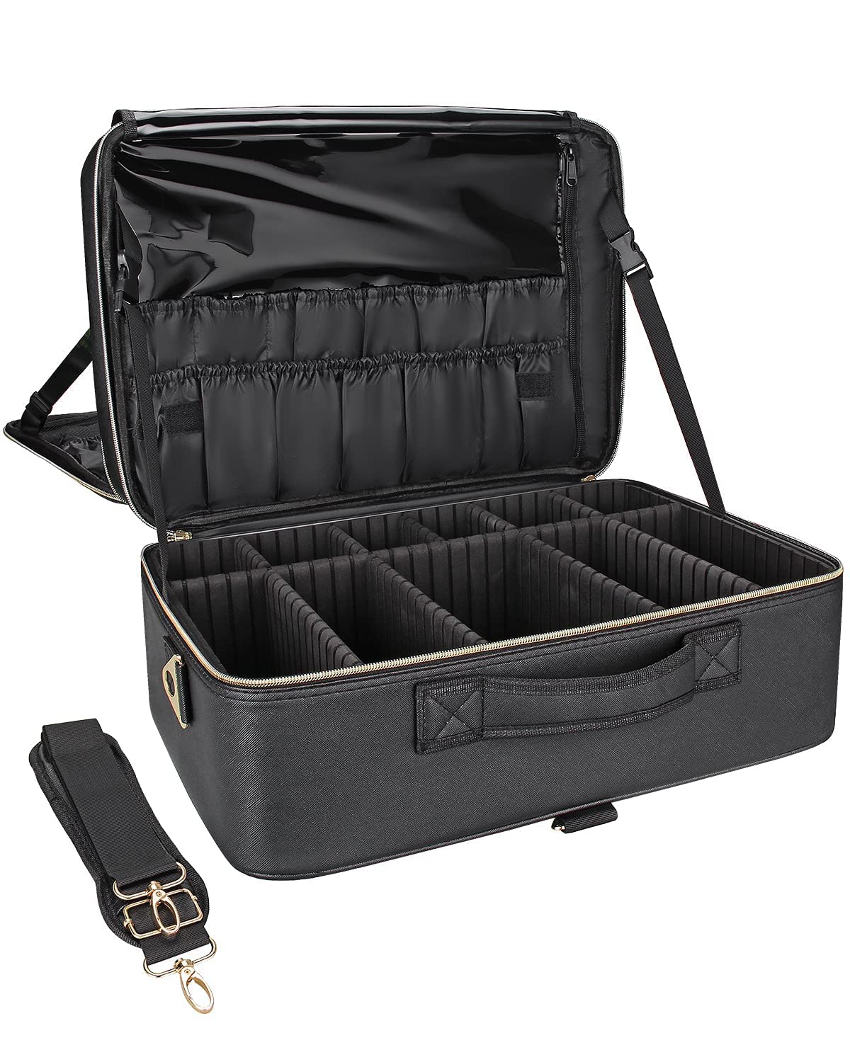 Extra Large Makeup Bag, Professional Makeup Train Case for Makeup Artists, Travel Cosmetic Organizer with 4 Small Portable Bags & Brush/Lipstick Plate, Adjustable Dividers and Shoulder Strap