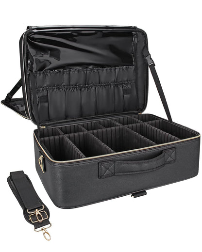 Extra Large Makeup Bag, Professional Makeup Train Case for Makeup Artists, Travel Cosmetic Organizer with 4 Small Portable Bags & Brush/Lipstick Plate, Adjustable Dividers and Shoulder Strap