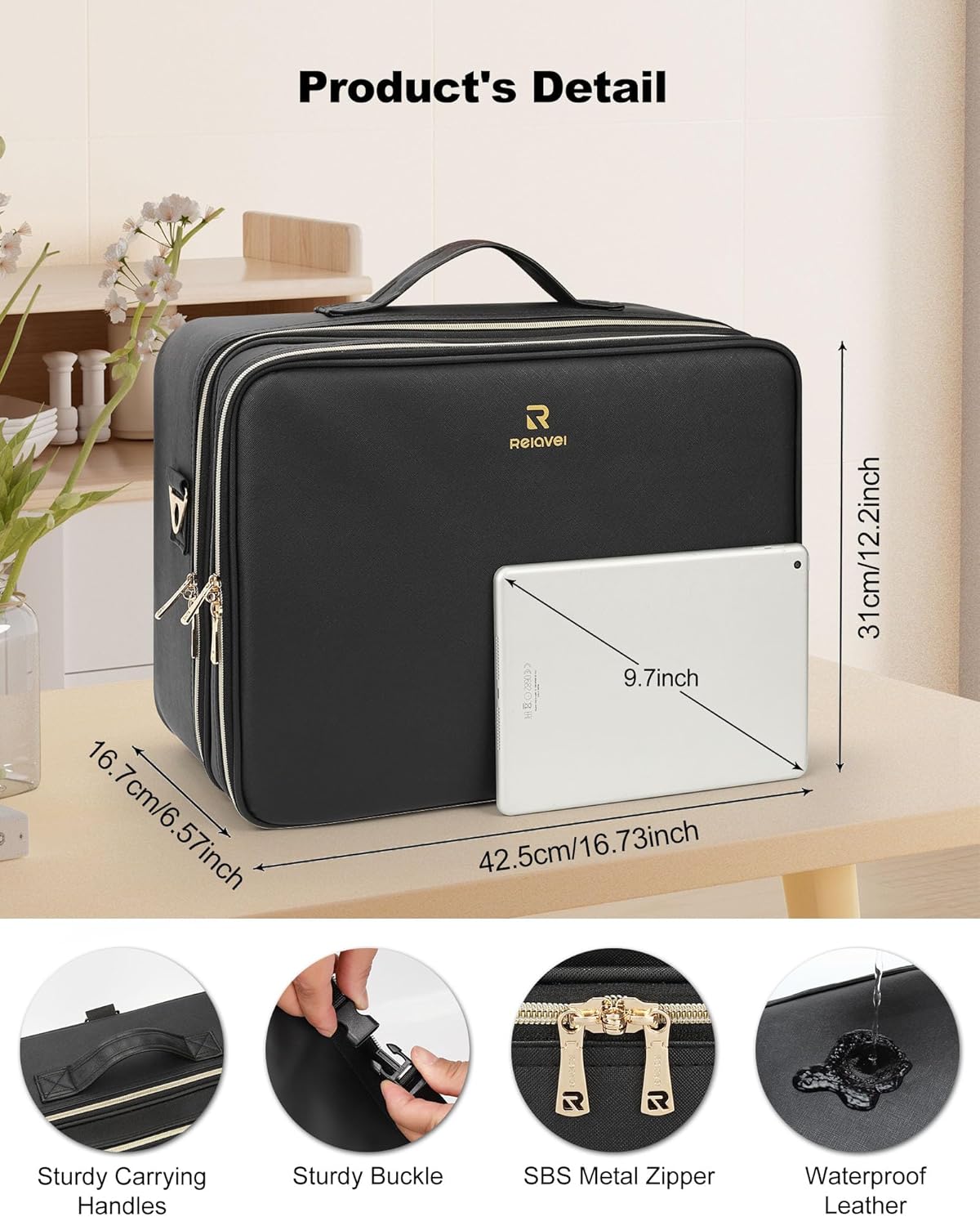 Extra Large Makeup Bag, Professional Makeup Train Case for Makeup Artists, Travel Cosmetic Organizer with 4 Small Portable Bags & Brush/Lipstick Plate, Adjustable Dividers and Shoulder Strap