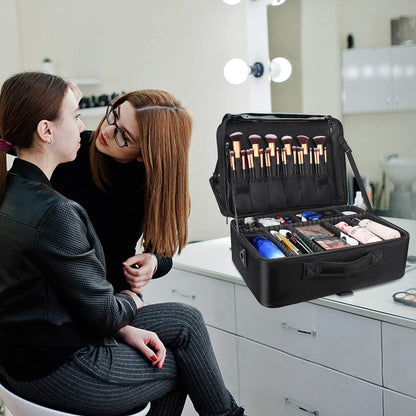 Extra Large Makeup Bag, Professional Makeup Train Case for Makeup Artists, Travel Cosmetic Organizer with 4 Small Portable Bags & Brush/Lipstick Plate, Adjustable Dividers and Shoulder Strap