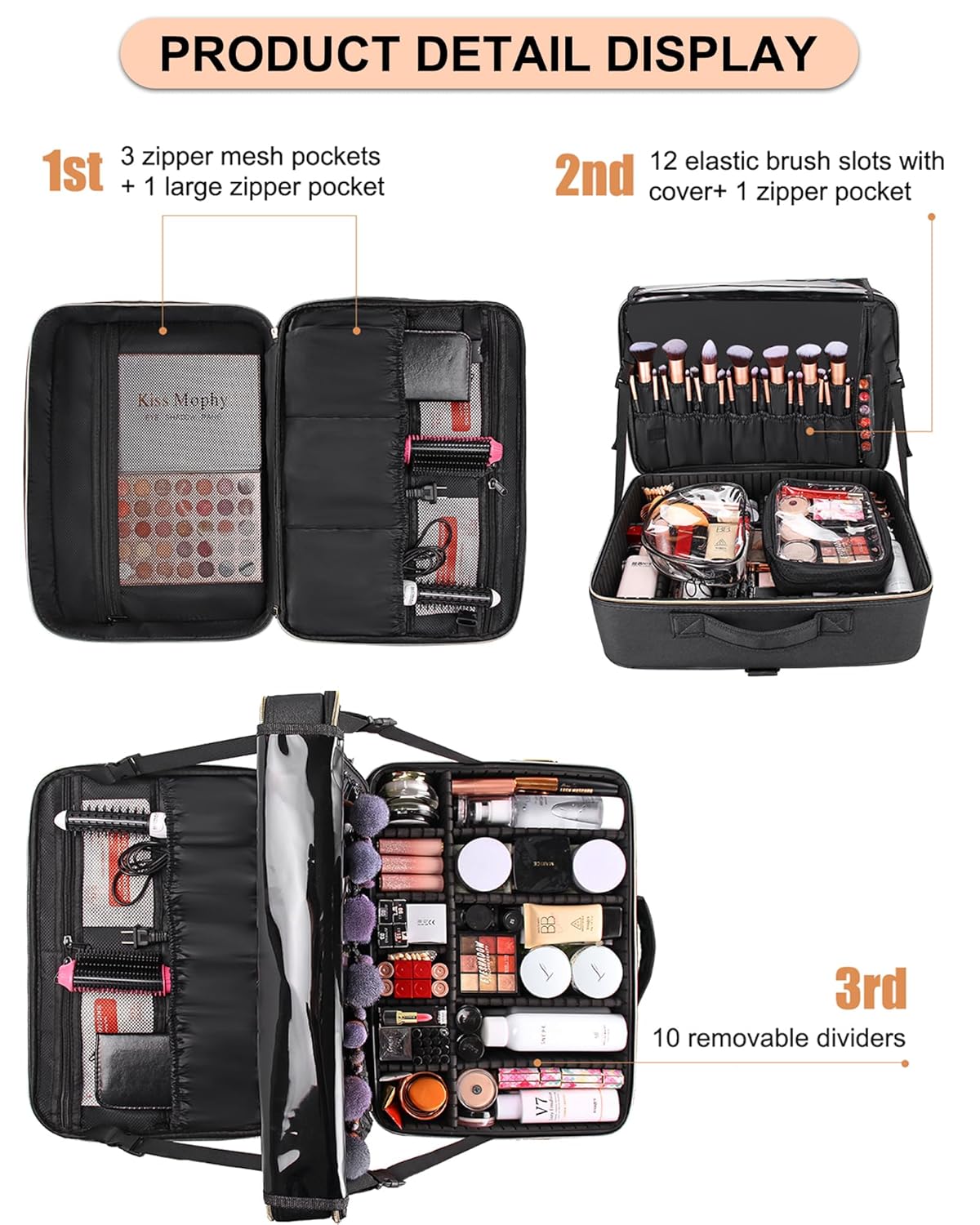 Extra Large Makeup Bag, Professional Makeup Train Case for Makeup Artists, Travel Cosmetic Organizer with 4 Small Portable Bags & Brush/Lipstick Plate, Adjustable Dividers and Shoulder Strap