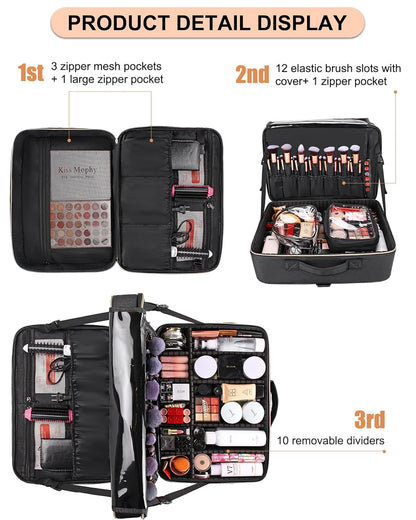 Extra Large Makeup Bag, Professional Makeup Train Case for Makeup Artists, Travel Cosmetic Organizer with 4 Small Portable Bags & Brush/Lipstick Plate, Adjustable Dividers and Shoulder Strap
