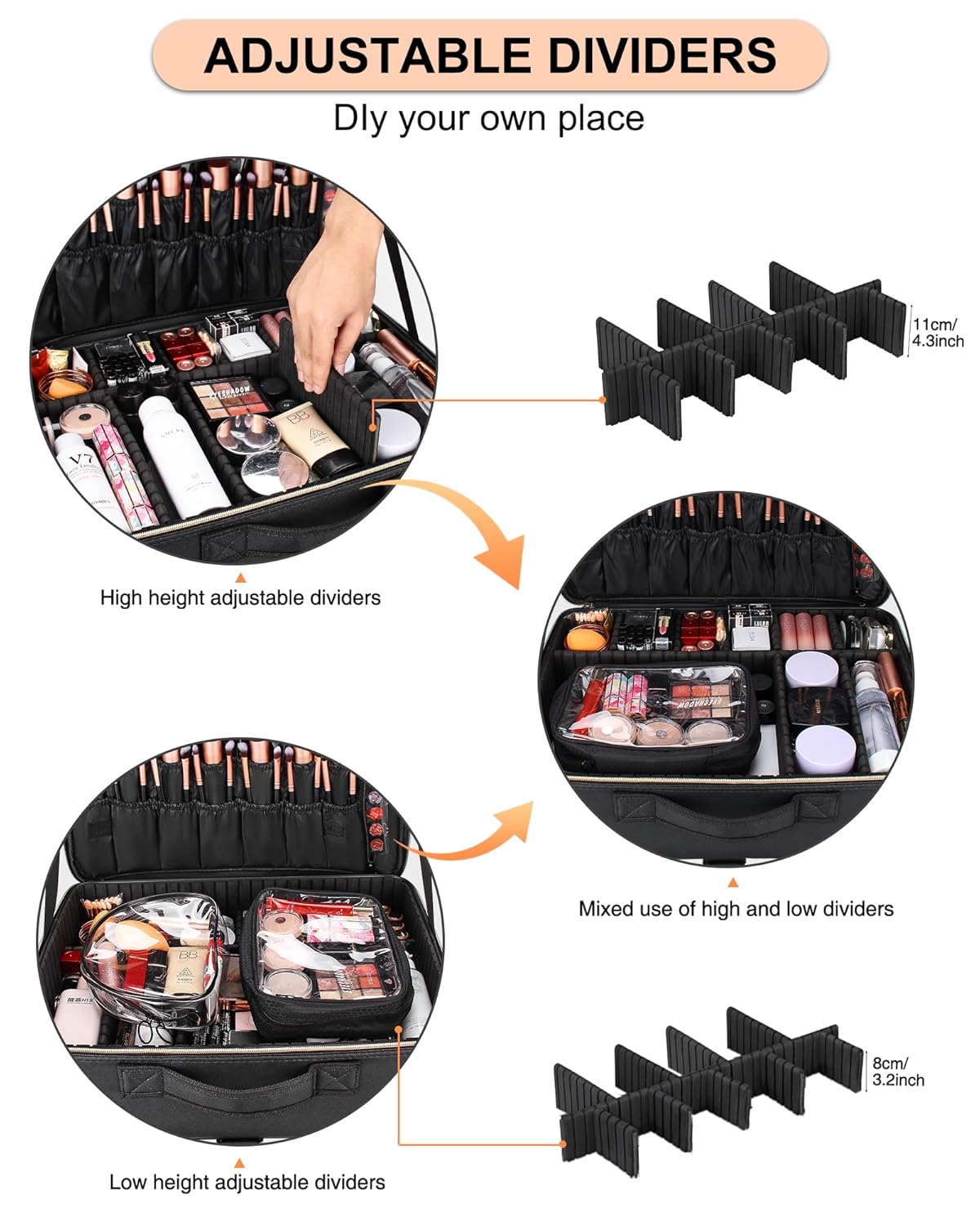 Extra Large Makeup Bag, Professional Makeup Train Case for Makeup Artists, Travel Cosmetic Organizer with 4 Small Portable Bags & Brush/Lipstick Plate, Adjustable Dividers and Shoulder Strap