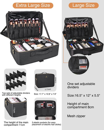 Extra Large Makeup Bag, Professional Makeup Train Case for Makeup Artists, Travel Cosmetic Organizer with 4 Small Portable Bags & Brush/Lipstick Plate, Adjustable Dividers and Shoulder Strap