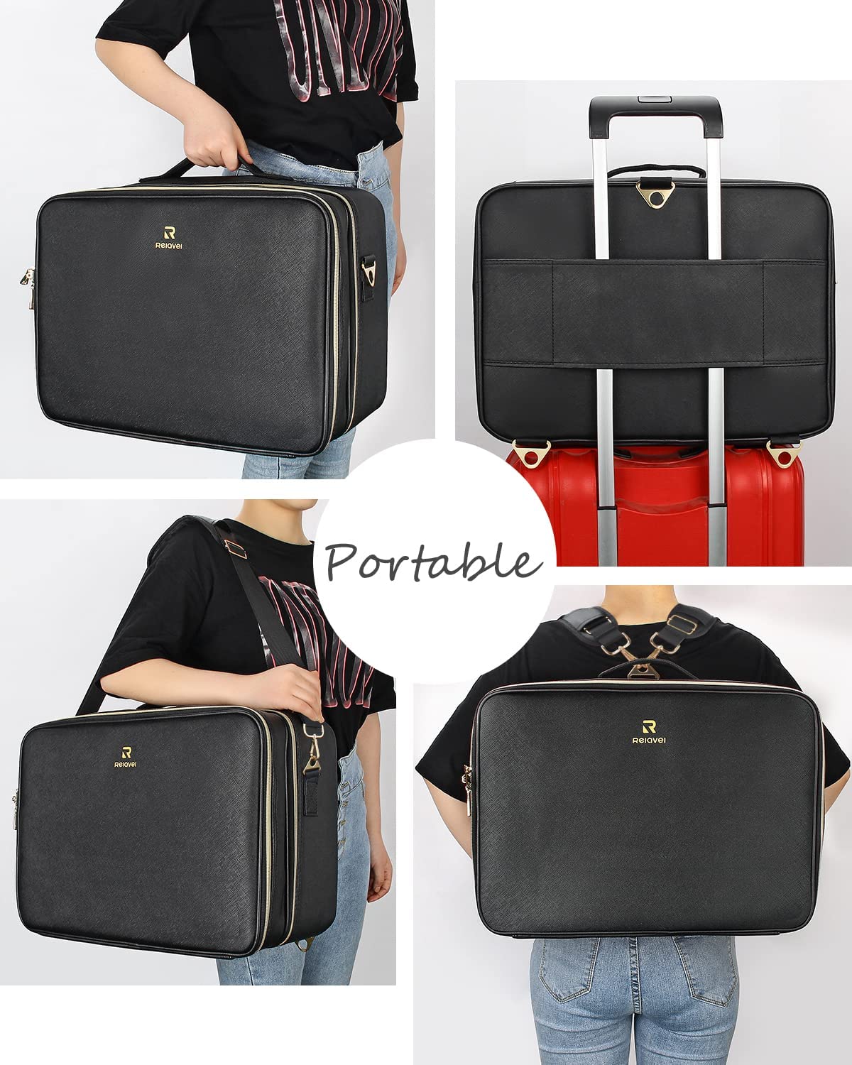 Extra Large Makeup Bag, Professional Makeup Train Case for Makeup Artists, Travel Cosmetic Organizer with 4 Small Portable Bags & Brush/Lipstick Plate, Adjustable Dividers and Shoulder Strap