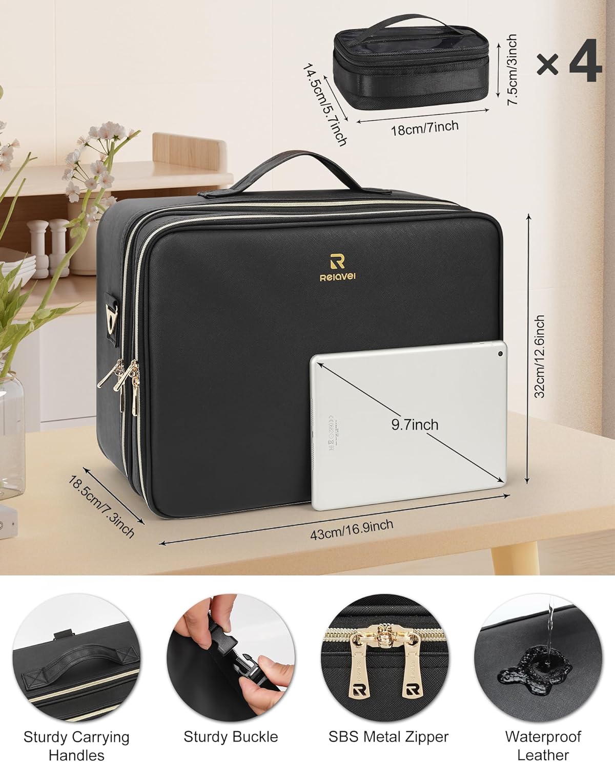 Extra Large Makeup Bag, Professional Makeup Train Case for Makeup Artists, Travel Cosmetic Organizer with 4 Small Portable Bags & Brush/Lipstick Plate, Adjustable Dividers and Shoulder Strap