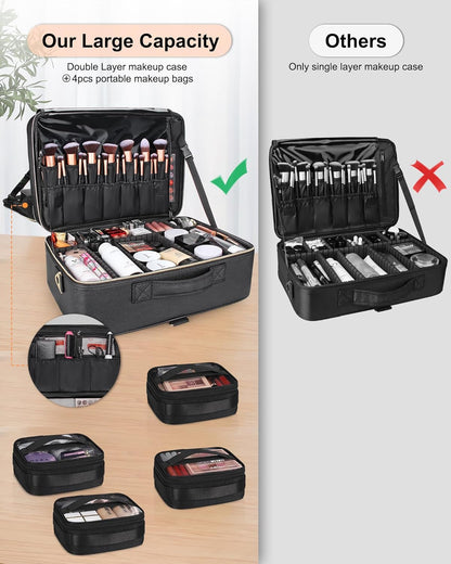 Extra Large Makeup Bag, Professional Makeup Train Case for Makeup Artists, Travel Cosmetic Organizer with 4 Small Portable Bags & Brush/Lipstick Plate, Adjustable Dividers and Shoulder Strap