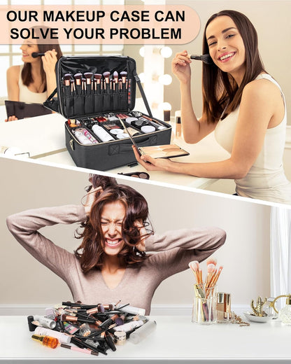 Extra Large Makeup Bag, Professional Makeup Train Case for Makeup Artists, Travel Cosmetic Organizer with 4 Small Portable Bags & Brush/Lipstick Plate, Adjustable Dividers and Shoulder Strap