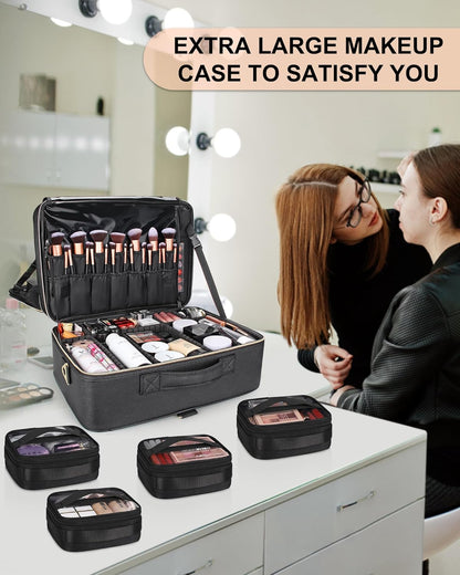 Extra Large Makeup Bag, Professional Makeup Train Case for Makeup Artists, Travel Cosmetic Organizer with 4 Small Portable Bags & Brush/Lipstick Plate, Adjustable Dividers and Shoulder Strap