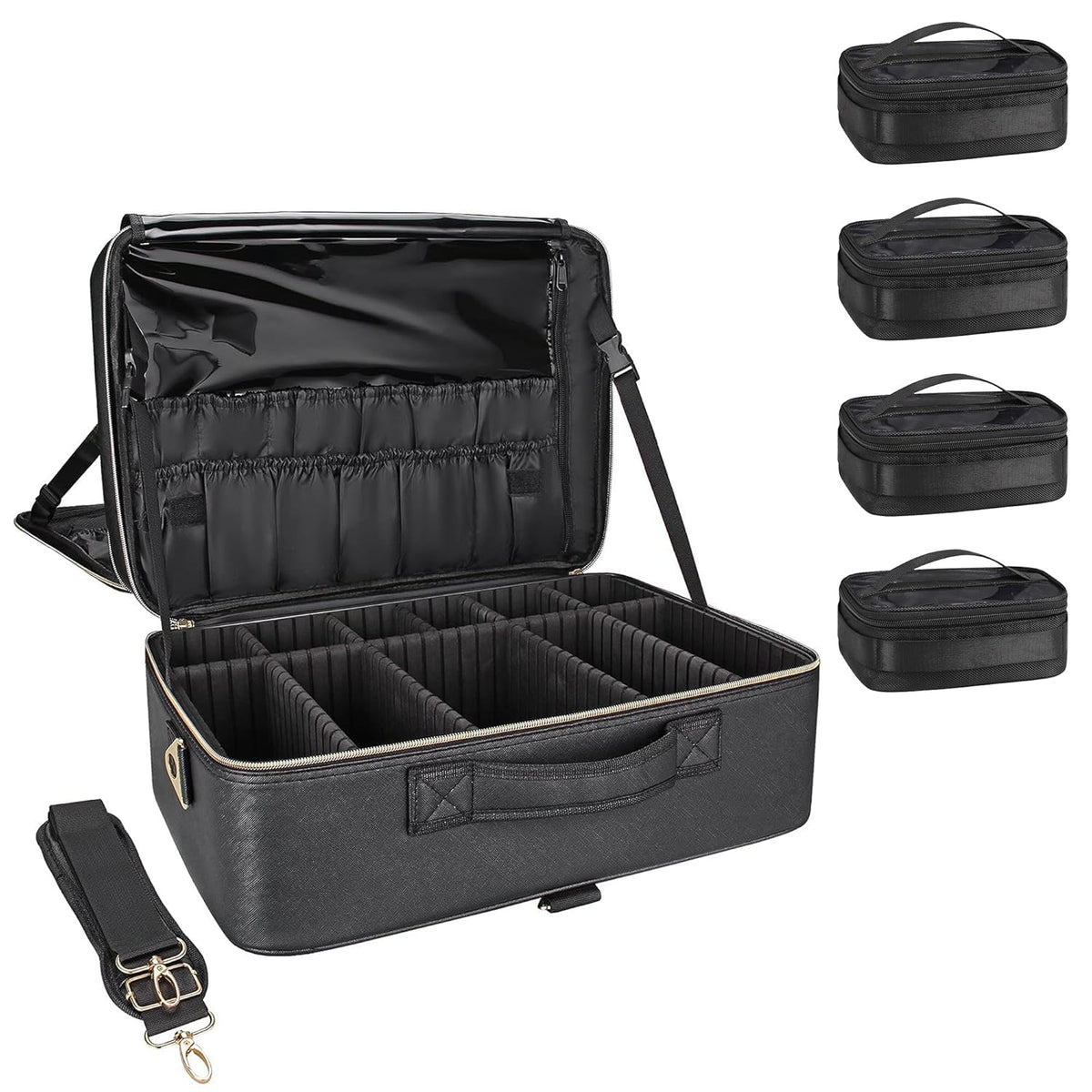 Extra Large Makeup Bag, Professional Makeup Train Case for Makeup Artists, Travel Cosmetic Organizer with 4 Small Portable Bags & Brush/Lipstick Plate, Adjustable Dividers and Shoulder Strap