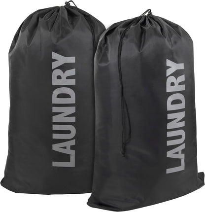 Washable Drawstring Laundry Bags 2 Pack Extra Large Heavy Duty College Dorm Dirty Laundry Clothes Travel Bag and Gym Clothes Bag for Guys and Girls (Black "Laundry")