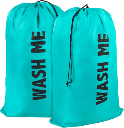 Washable Drawstring Laundry Bags 2 Pack Extra Large Heavy Duty College Dorm Dirty Laundry Clothes Travel Bag and Gym Clothes Bag for Guys and Girls (Black "Laundry")