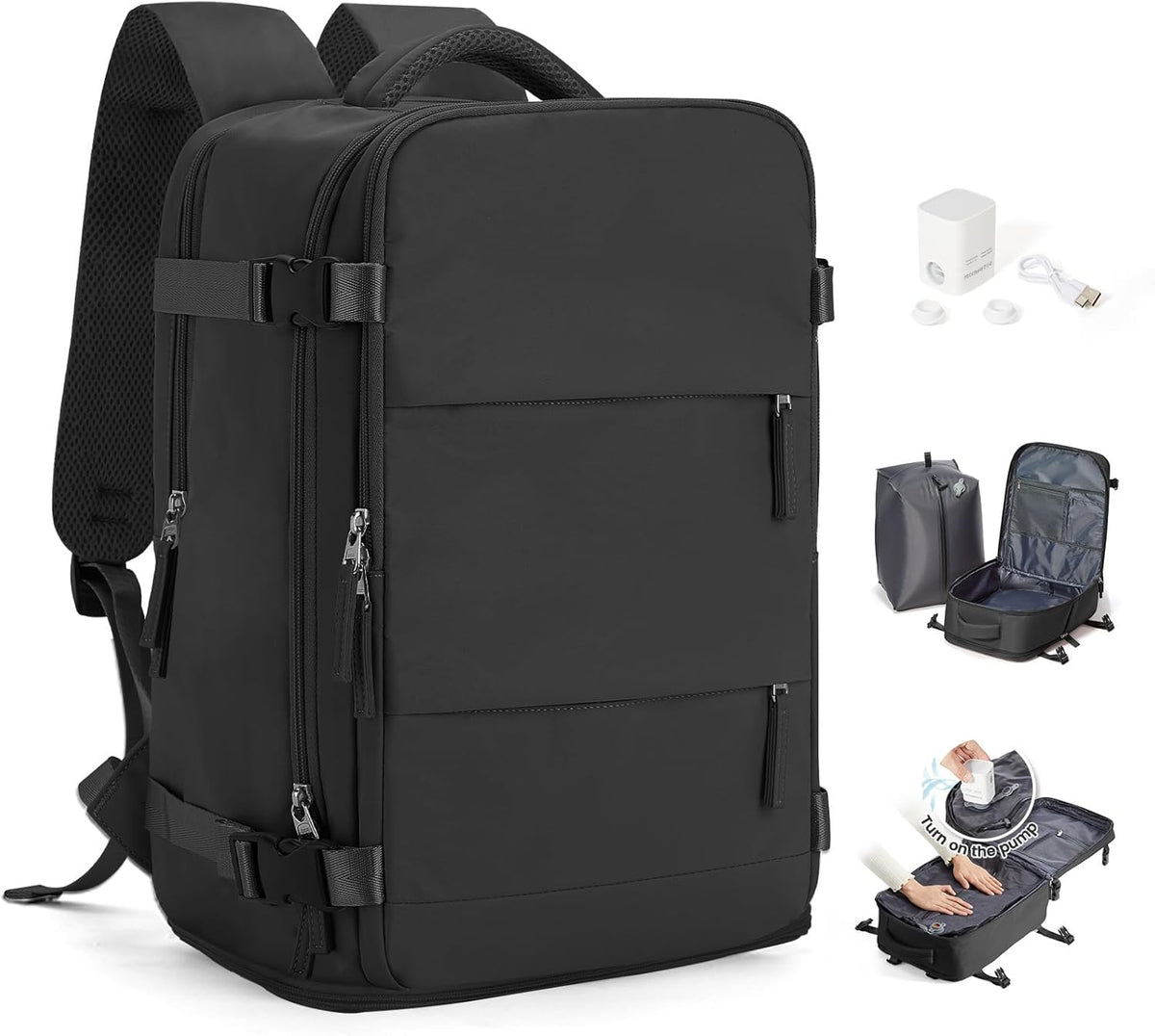 Travel Backpack for Women Men, Flight Approved Carry On Backpack with Compression Vacuum Storage Bags, 18x14x8 inches Personal Item Travel Bag with Pump Black