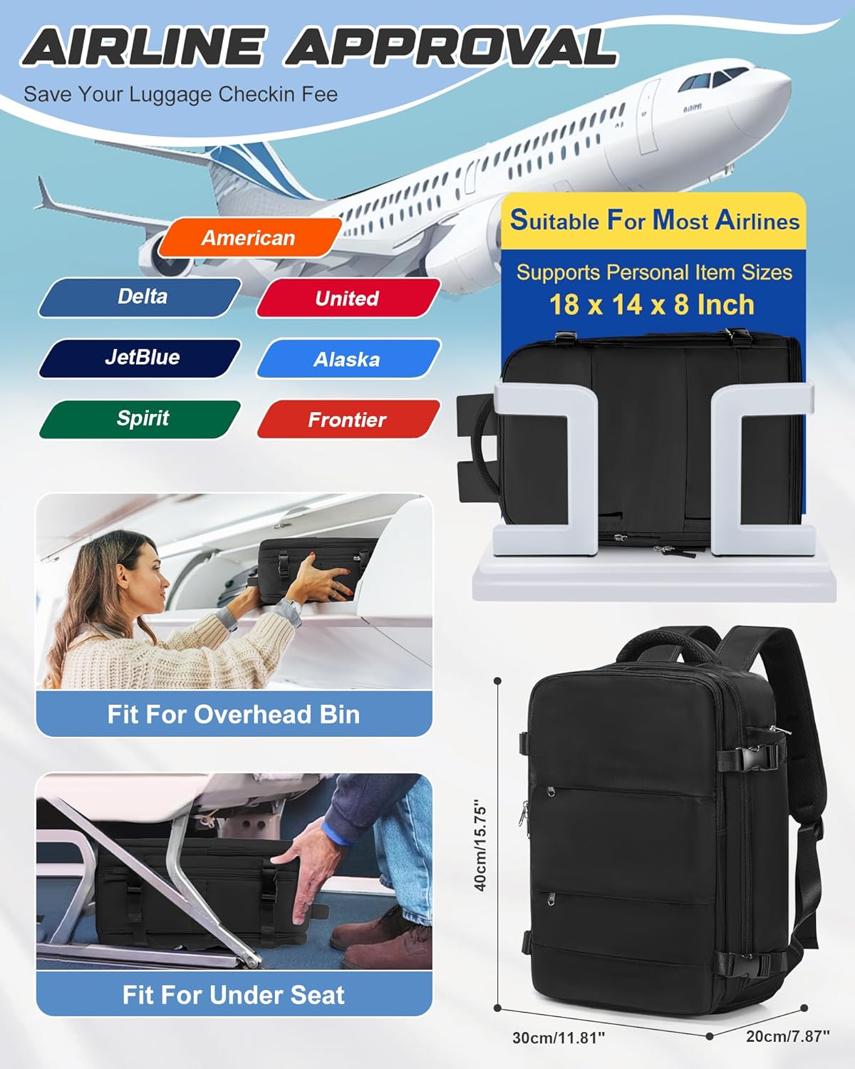Travel Backpack for Women Men, Flight Approved Carry On Backpack with Compression Vacuum Storage Bags, 18x14x8 inches Personal Item Travel Bag with Pump Black