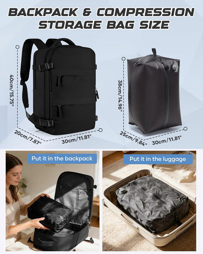 Travel Backpack for Women Men, Flight Approved Carry On Backpack with Compression Vacuum Storage Bags, 18x14x8 inches Personal Item Travel Bag with Pump Black