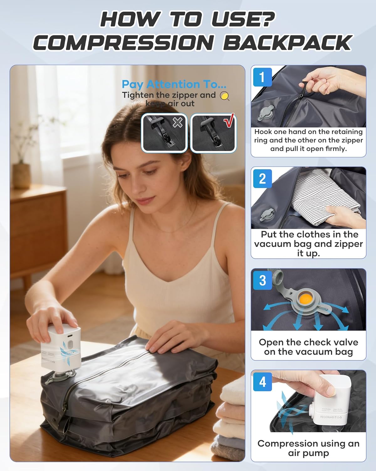 Travel Backpack for Women Men, Flight Approved Carry On Backpack with Compression Vacuum Storage Bags, 18x14x8 inches Personal Item Travel Bag with Pump Black