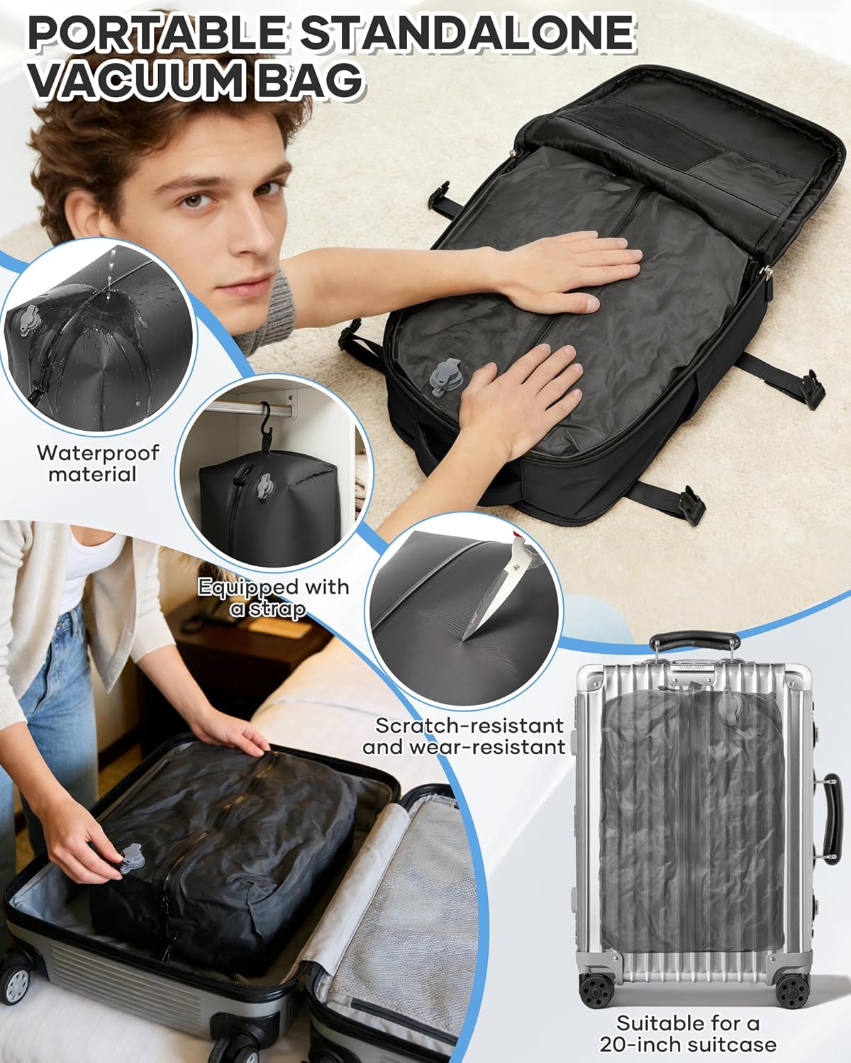 Travel Backpack for Women Men, Flight Approved Carry On Backpack with Compression Vacuum Storage Bags, 18x14x8 inches Personal Item Travel Bag with Pump Black
