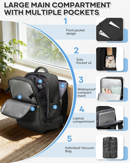Travel Backpack for Women Men, Flight Approved Carry On Backpack with Compression Vacuum Storage Bags, 18x14x8 inches Personal Item Travel Bag with Pump Black