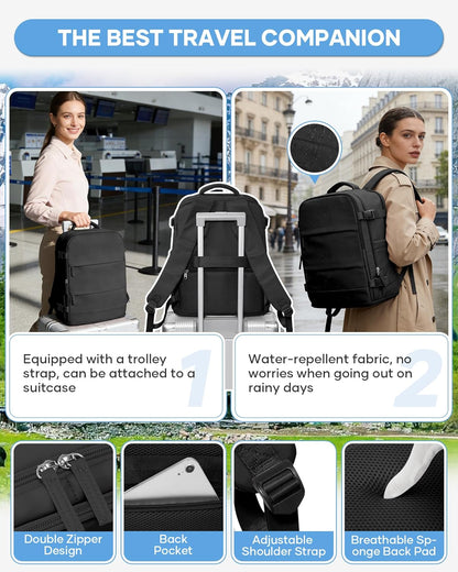 Travel Backpack for Women Men, Flight Approved Carry On Backpack with Compression Vacuum Storage Bags, 18x14x8 inches Personal Item Travel Bag with Pump Black