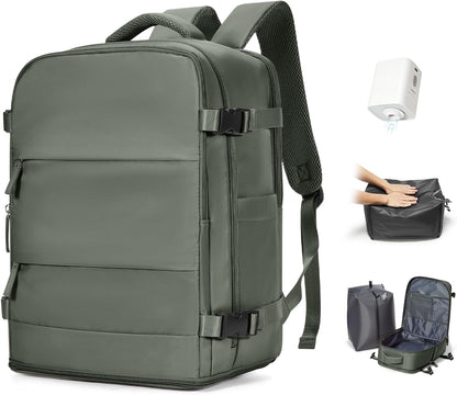 Travel Backpack for Women Men, Flight Approved Carry On Backpack with Compression Vacuum Storage Bags, 18x14x8 inches Personal Item Travel Bag with Pump Black