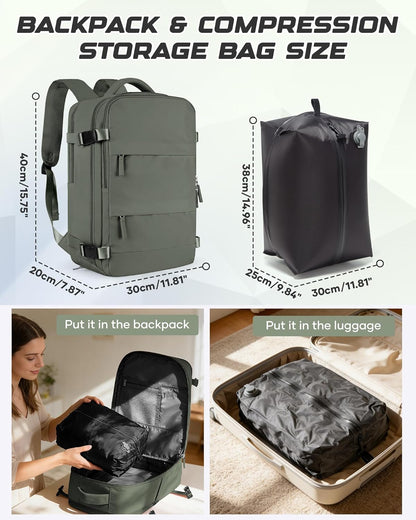 Travel Backpack for Women Men, Flight Approved Carry On Backpack with Compression Vacuum Storage Bags, 18x14x8 inches Personal Item Travel Bag with Pump Black