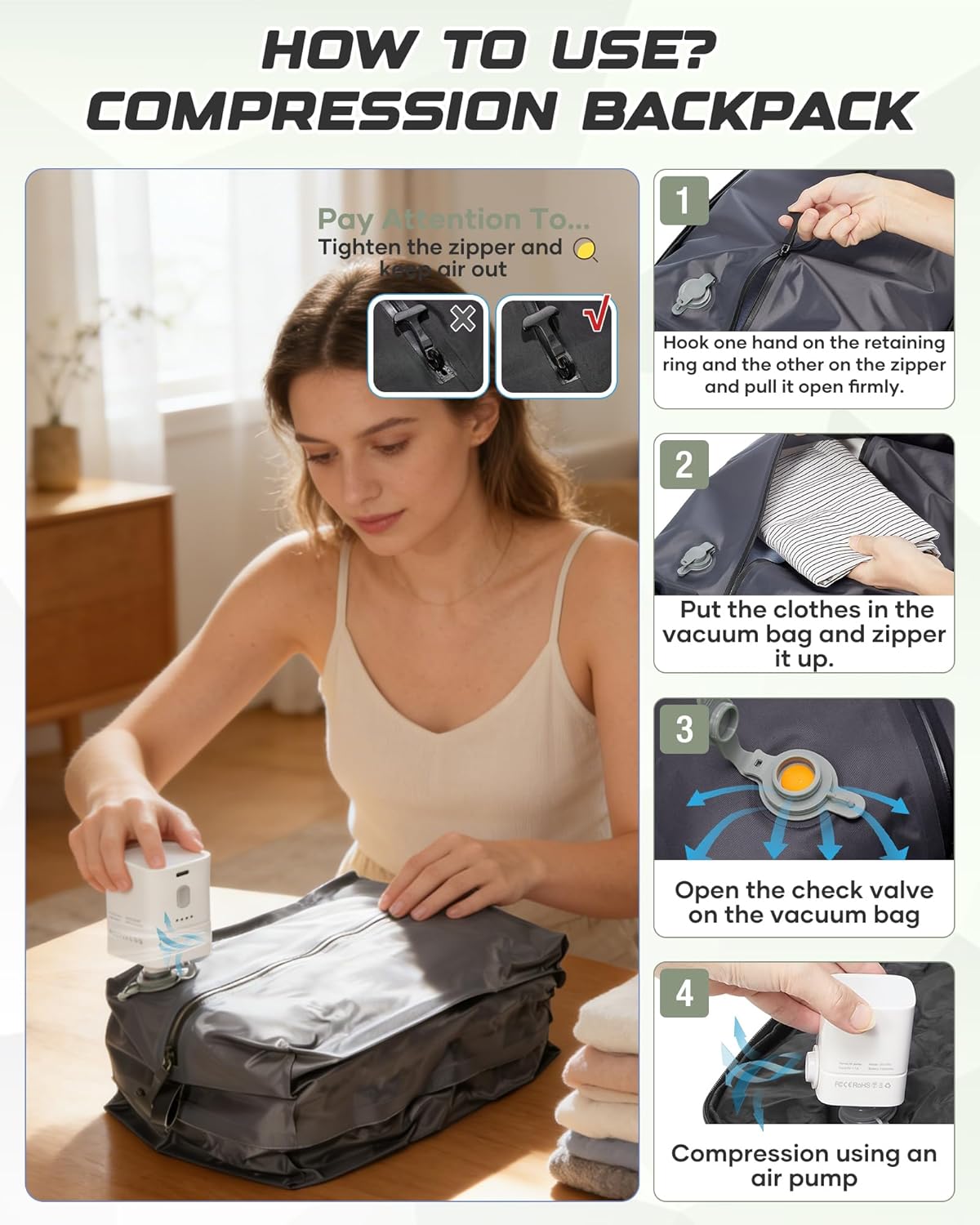 Travel Backpack for Women Men, Flight Approved Carry On Backpack with Compression Vacuum Storage Bags, 18x14x8 inches Personal Item Travel Bag with Pump Black