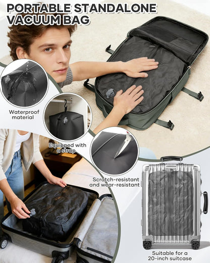 Travel Backpack for Women Men, Flight Approved Carry On Backpack with Compression Vacuum Storage Bags, 18x14x8 inches Personal Item Travel Bag with Pump Black
