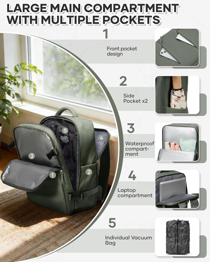 Travel Backpack for Women Men, Flight Approved Carry On Backpack with Compression Vacuum Storage Bags, 18x14x8 inches Personal Item Travel Bag with Pump Black