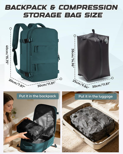 Travel Backpack for Women Men, Flight Approved Carry On Backpack with Compression Vacuum Storage Bags, 18x14x8 inches Personal Item Travel Bag with Pump Black