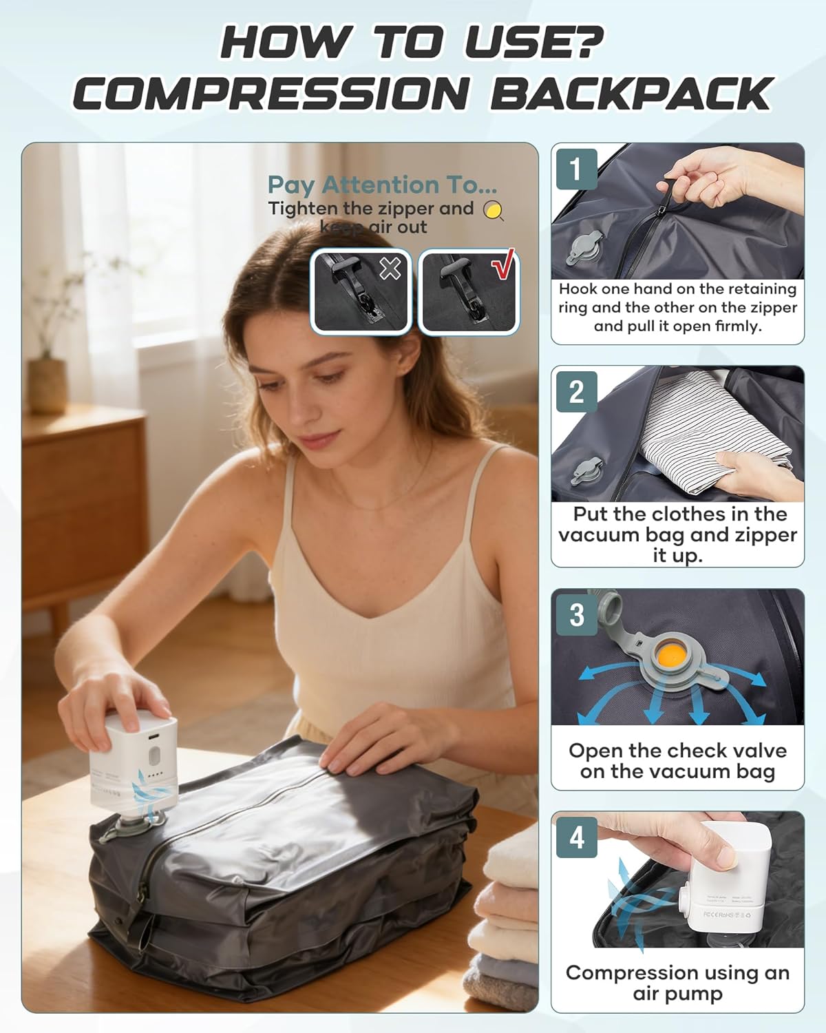 Travel Backpack for Women Men, Flight Approved Carry On Backpack with Compression Vacuum Storage Bags, 18x14x8 inches Personal Item Travel Bag with Pump Black