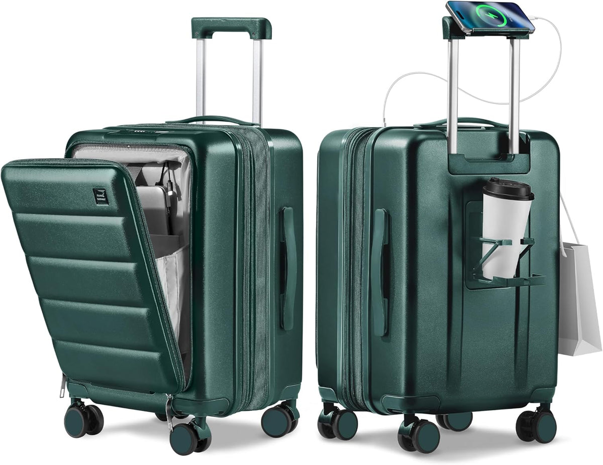 20IN Carry On Luggage Airline Approved - Expandable Hardside Suitcase with 16" Laptop Compartment, Cup Holder, Phone Mount, USB Port,TSA Lock, 360°Spinner Wheels (Forest Green)