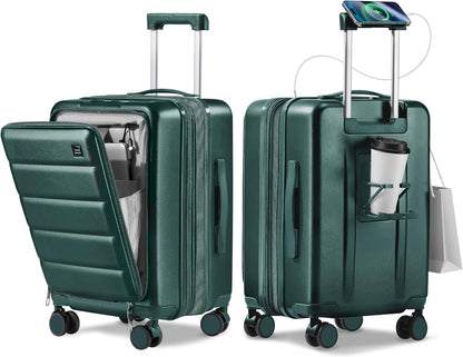 20IN Carry On Luggage Airline Approved - Expandable Hardside Suitcase with 16" Laptop Compartment, Cup Holder, Phone Mount, USB Port,TSA Lock, 360°Spinner Wheels (Forest Green)