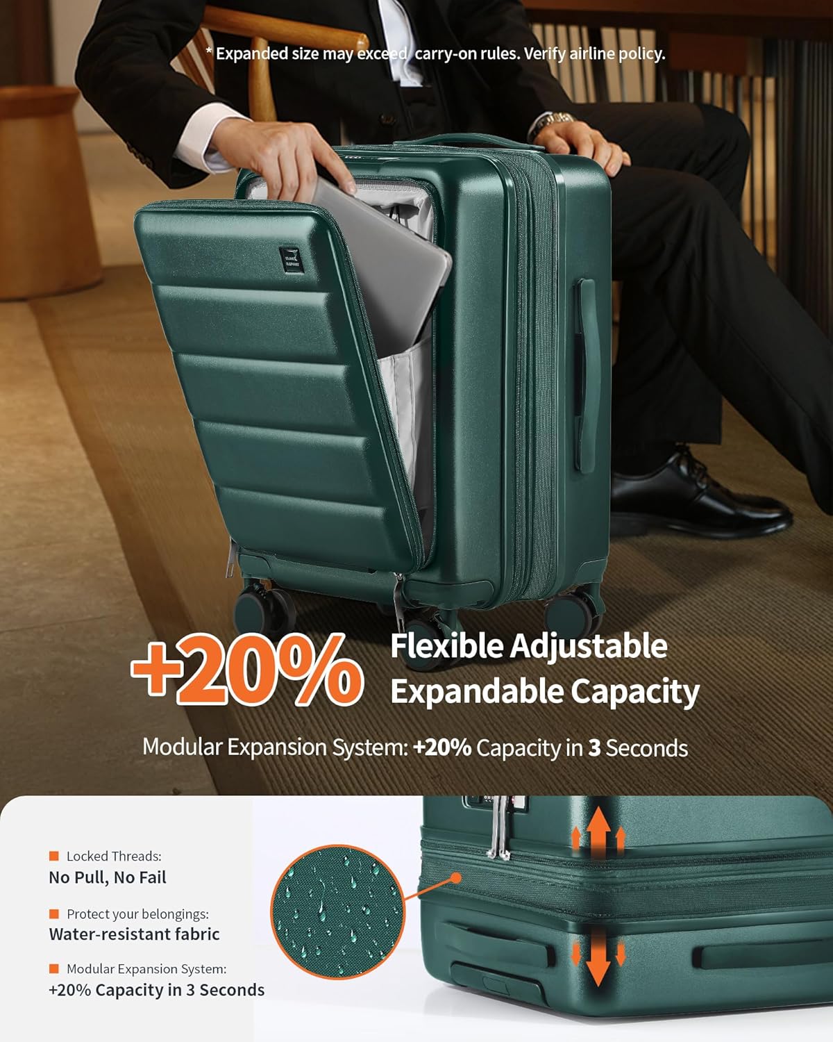 20IN Carry On Luggage Airline Approved - Expandable Hardside Suitcase with 16" Laptop Compartment, Cup Holder, Phone Mount, USB Port,TSA Lock, 360°Spinner Wheels (Forest Green)