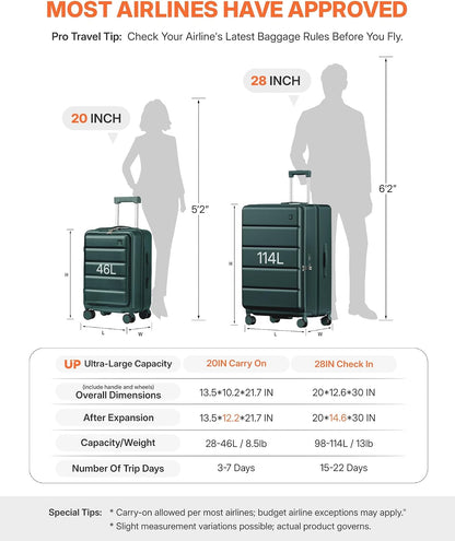 20IN Carry On Luggage Airline Approved - Expandable Hardside Suitcase with 16" Laptop Compartment, Cup Holder, Phone Mount, USB Port,TSA Lock, 360°Spinner Wheels (Forest Green)