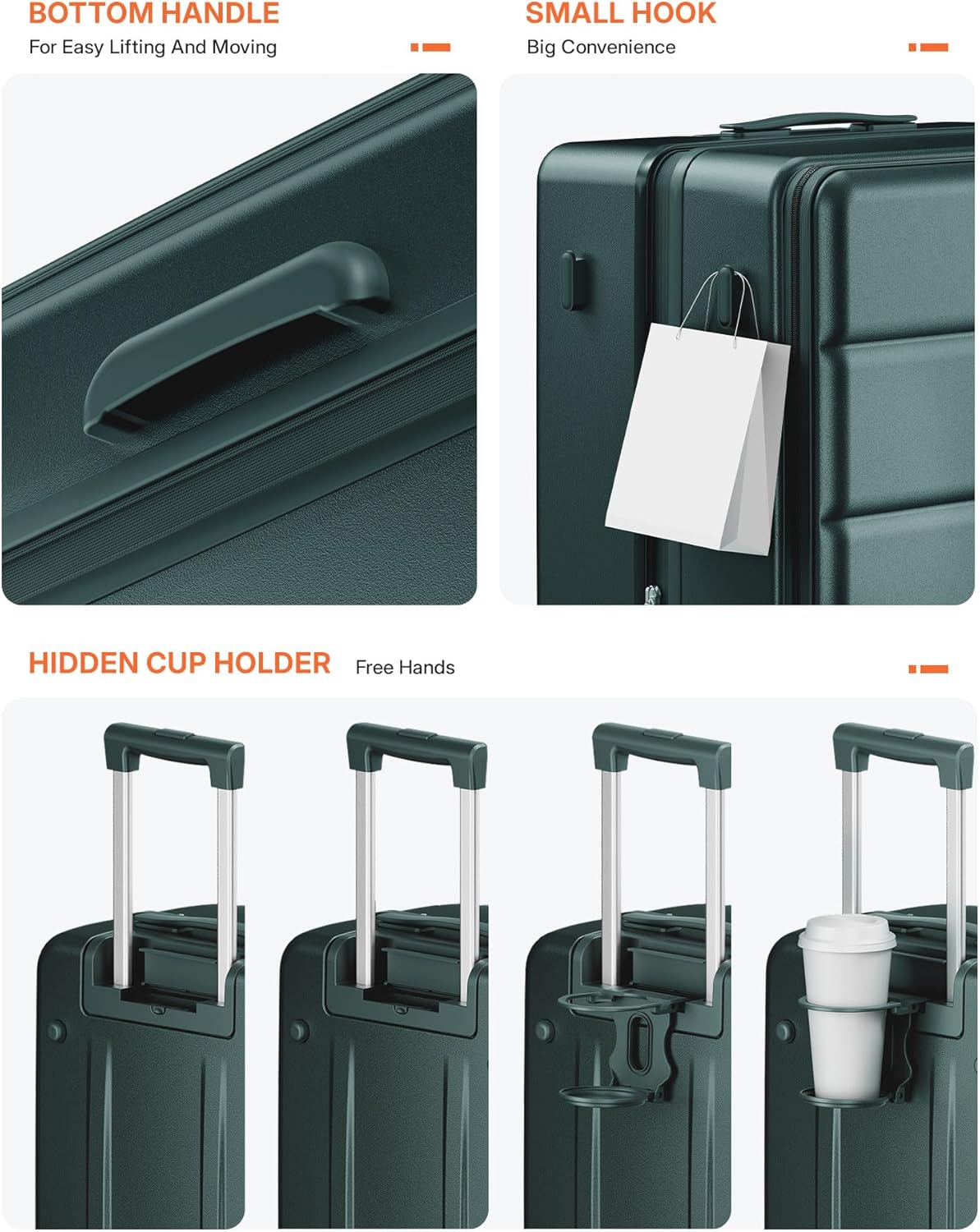 20IN Carry On Luggage Airline Approved - Expandable Hardside Suitcase with 16" Laptop Compartment, Cup Holder, Phone Mount, USB Port,TSA Lock, 360°Spinner Wheels (Forest Green)